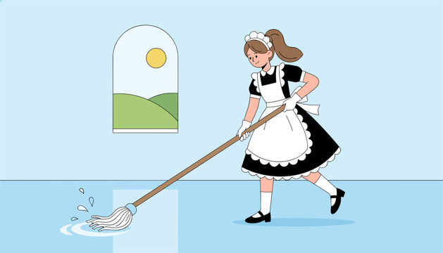 Diligent maid in a black and white uniform mopping a blue floor with a view of green hills through the window.