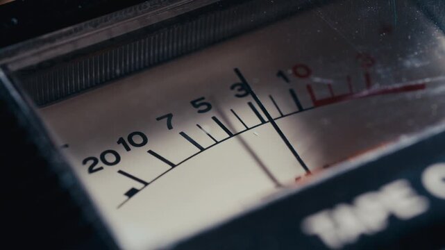 Vintage analog VU volume meter with mechanical indicator needle moving on decibel scale behind scratched glass cover. Close-up view