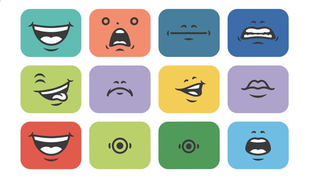 Collection of various cartoon mouth expressions and facial features representing different emotions on colorful rounded square backgrounds.
