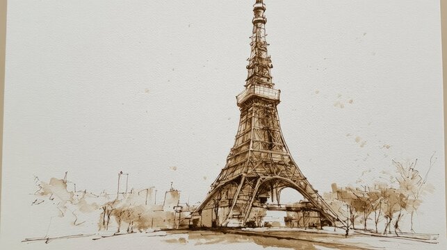 Artistic watercolor sketch of Eiffel Tower with surrounding cityscape and bridge