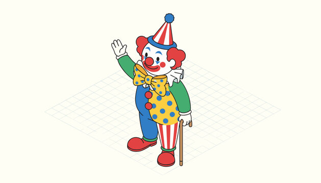 Colorful circus clown in a traditional polka dot costume waves with one hand while holding a walking stick on a grid floor.