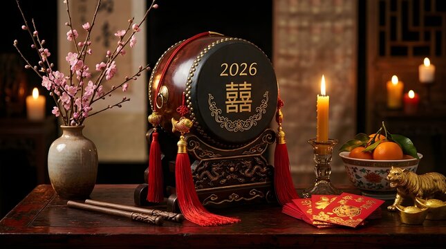 Traditional wooden drum marked with the year twenty twenty six alongside red envelopes and blooming cherry blossoms creates a festive mood for the lunar new year