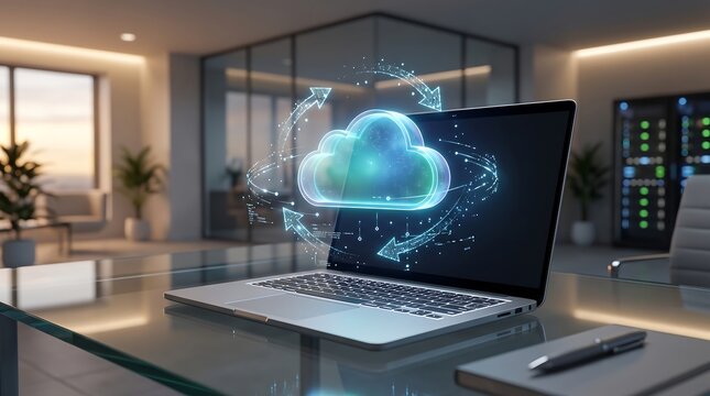 Futuristic cloud computing and data synchronization hologram with glowing cloud storage icon and sync arrows over laptop in modern IT office concept
