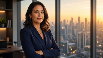 Fototapeta premium Professional businesswoman in a blue suit smiling confidently with a city skyline view from an office window
