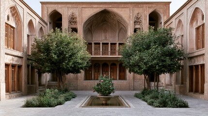 Fototapeta premium Historic Middle Eastern Courtyard with Trees Floral Garden and Water Fountain
