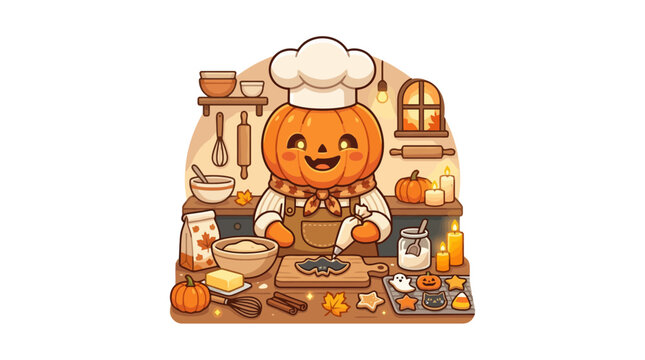Cute pumpkin chef baking halloween cookies in a cozy kitchen