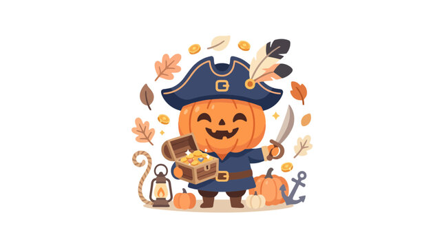Cute halloween pumpkin pirate holding treasure chest and sword