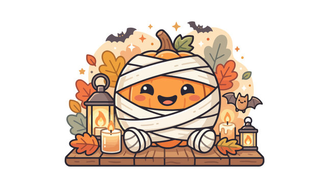 Cute mummy pumpkin character sitting among lanterns and autumn leaves