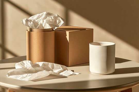 Unmarked Ceramic Candle Vessel with Packaging and Tissue on Table in Sunlight