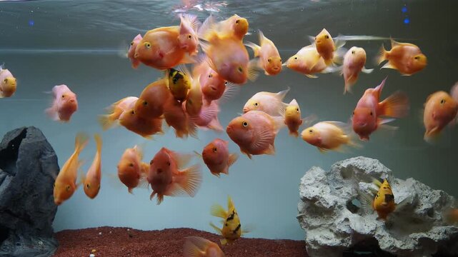 fish in aquarium
school of vibrant orange parrot cichlid fish swimming in aquarium habitat
lively school of bright orange parrot cichlids gracefully navigates their aquatic environment, showcasing the