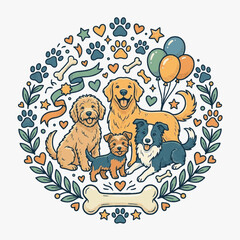 Fototapeta premium Vector illustration of a Golden Retriever, Goldendoodle, Border Collie, and Terrier in a circular frame with paw prints, bones, balloons, hearts, and laurel branches on white.