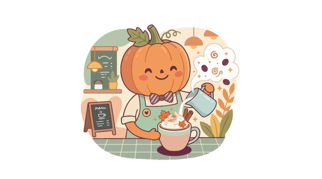 Cute pumpkin barista preparing autumn latte in cozy cafe