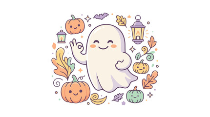 Fototapeta premium Cute ghost making ok gesture with pumpkins and autumn leaves vector