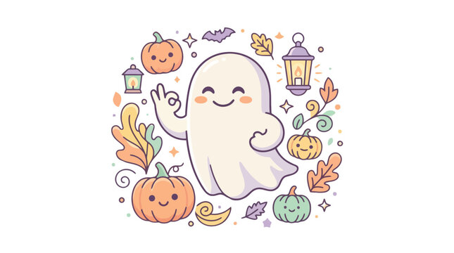 Cute ghost making ok gesture with pumpkins and autumn leaves vector