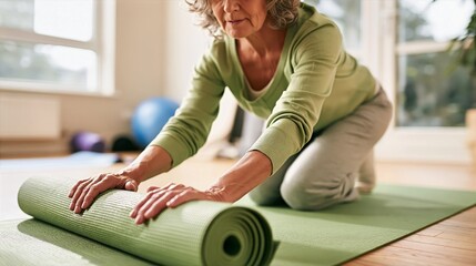 Naklejka premium Woman in 50s Rolling Out Yoga Mat in Bright Studio