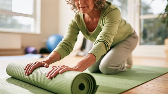 Woman in 50s Rolling Out Yoga Mat in Bright Studio