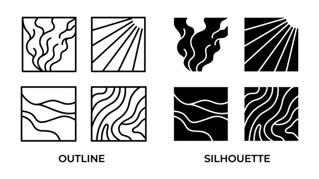 Abstract Design Elements: A set of four square design elements, presented in both outline and silhouette styles, featuring organic flowing lines and radiating sun rays.