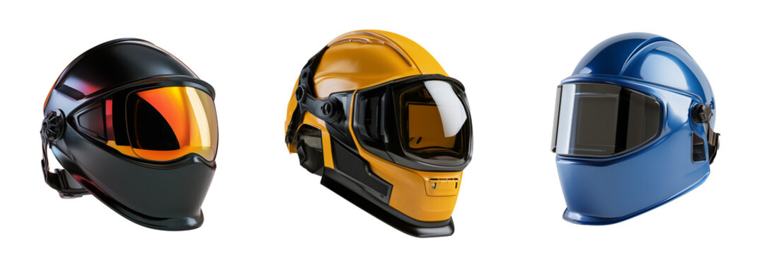 Three full face motorcycle helmets in black yellow and blue colors isolated on a transparent background
