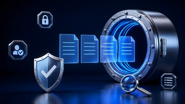 Digital data vault with secure document storage and cybersecurity icons representing information privacy and compliance protection