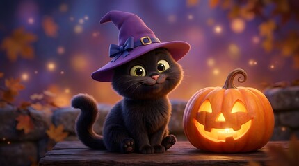 Fototapeta premium Adorable black cat wearing witch hat with glowing jack o lantern
