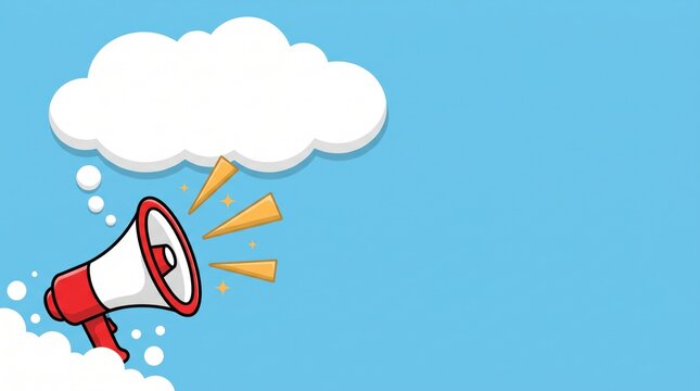 Bright red megaphone illustration features an empty white cloud speech bubble set against a clean flat light blue background design