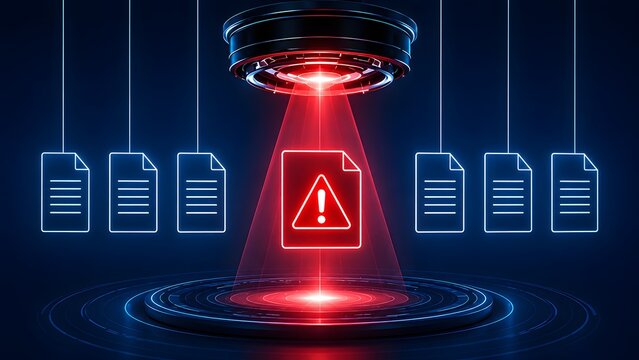 Cyber security threat with glowing red warning document hologram among blue data files representing digital compliance breach concept