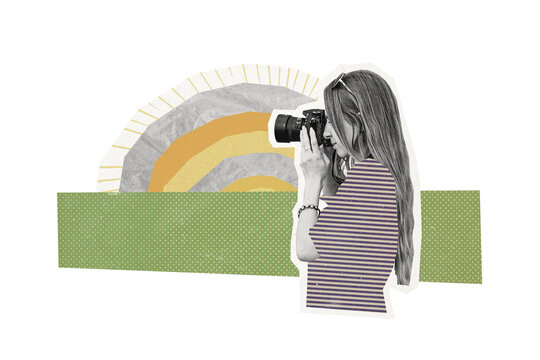 Creative collage poster young woman photographer paparazzi camera shooting hobby landscape nature zoom drawing background