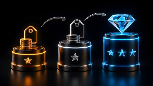 Value upgrade progression concept with price tag transforming into premium glowing diamond representing business investment growth