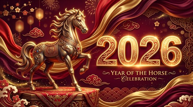 Majestic golden horse statue standing proudly for the lunar new year two thousand twenty six celebration featuring rich red drapes and ornate traditional oriental decorative patterns