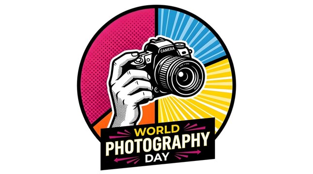 World Photography Day emblem with camera and hand illustration in pop art style