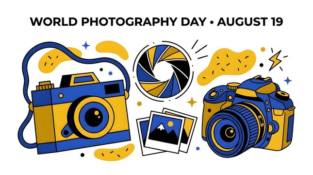 World Photography Day August 19 celebration banner with cameras and lens aperture icons