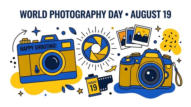 World Photography Day celebration banner with cameras and film roll illustration