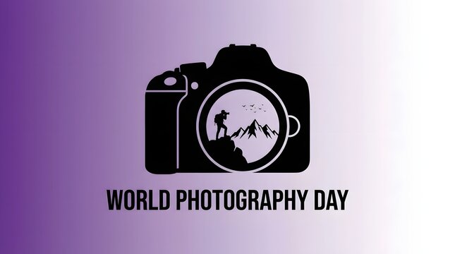 World Photography Day graphic with camera silhouette and mountain landscape illustration