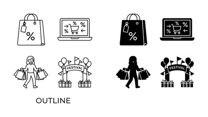 Fototapeta premium Shopping Icons and Symbols: A collection of graphic icons illustrating various aspects of online and offline shopping, sales, and festival celebrations.