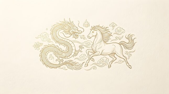 Elegant golden illustration featuring a mystical dragon facing a graceful prancing horse surrounded by ornate swirling clouds created in a traditional east asian artistic style
