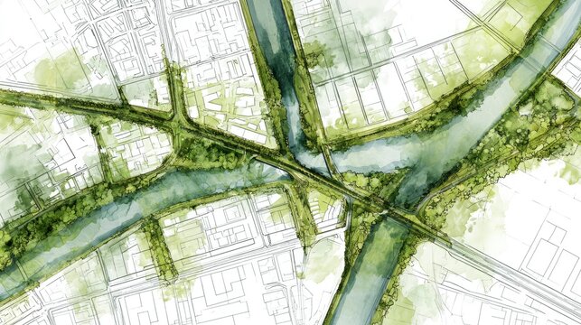 Artistic Aerial View of Urban Waterways with Bridges and Green Spaces