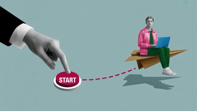 Hand pressing start button for woman on paper plane collage