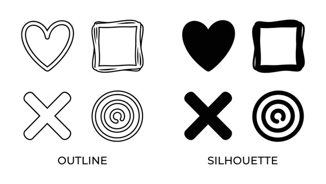 Simple Icon Set: A collection of basic icons in both outline and silhouette forms, featuring a heart, a square, an X, and a circular symbol.