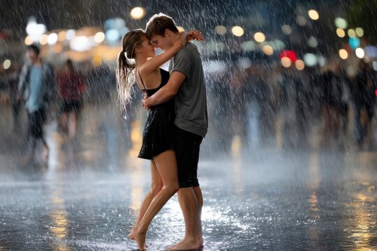 Couple enjoying a romantic embrace in the rain at night in a lively urban setting