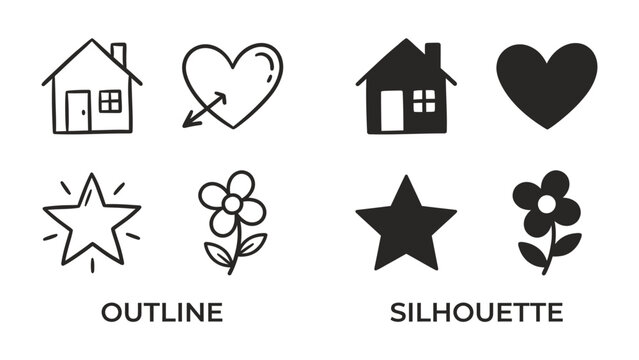 Outline and Silhouette Icons: A set of graphic design elements showcasing familiar icons like a house, heart, star, and flower, presented in both outline and solid silhouette styles.