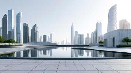 Naklejka premium Modern City Skyline with Skyscrapers and Reflection Over Water