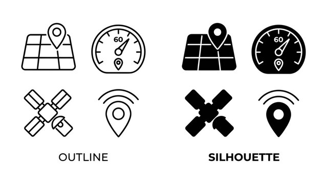 GPS Navigation Icons: A set of clear outline and silhouette icons representing GPS navigation, including a map with a pin, a speedometer, a satellite, and a location marker.
