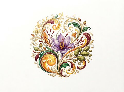 Decorative floral mandala element with saffron crocus flower and spice pods in elegant ornate swirl art for luxury branding style.