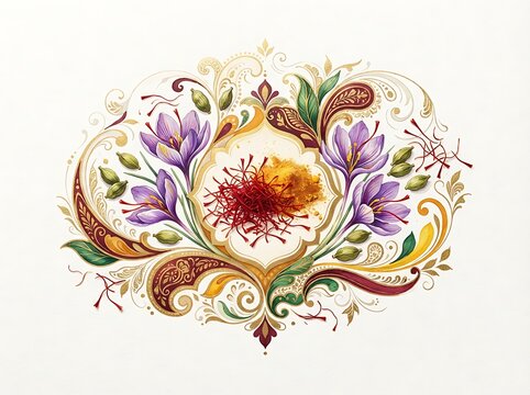 Saffron spice composition with crocus flowers and dry threads in ornate golden frame for culinary branding or food presentation.