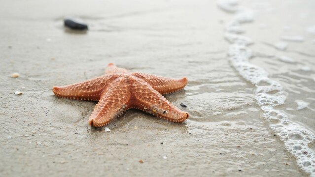 Orange starfish resting on wet sandy shoreline near gentle foaming ocean waves with captures textured orange