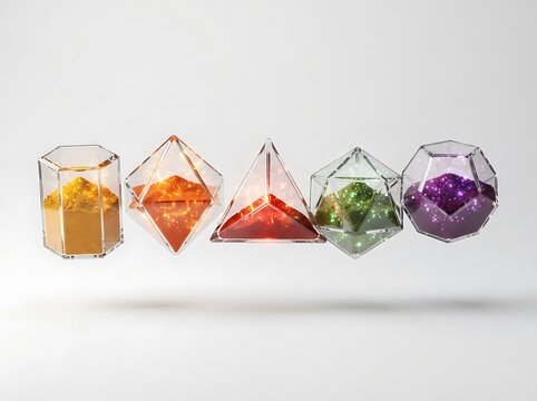 Floating geometric glass containers filled with colorful glowing spice powders represent futuristic laboratory alchemy for science.