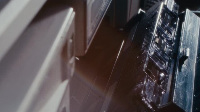 Hand inserting compact audio cassette tape into vintage tape player and closing compartment door. Extreme close-up shot
