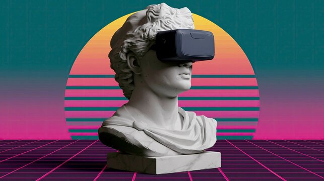 Classical marble bust wearing virtual reality headset in retro 80s style background