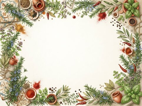 A rustic frame composed of assorted culinary herbs and spices with kitchen utensils, perfect for cookbook covers or restaurant menus with copy space.