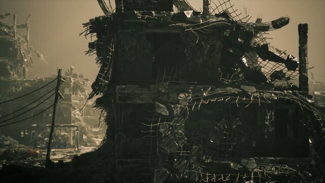 collapsed facade with hanging wires, closeup of charred wall and tangled cables, sootstreaked concrete and fractured beams, scattered debris on gritty ground,